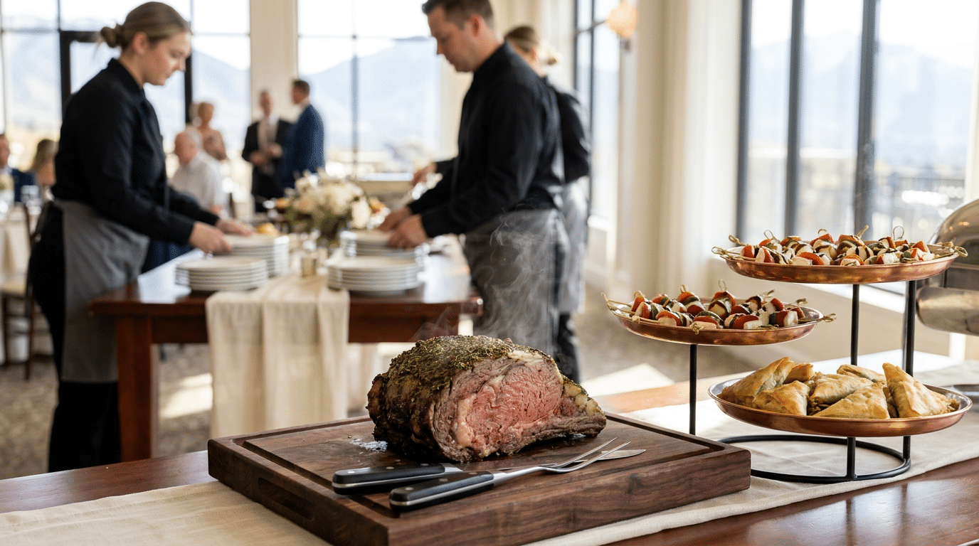 A sliced roast sits on a cutting board next to serving tongs; appetizers and pastries are displayed, while servers from South Jordan Catering Services prepare plates in the background.
