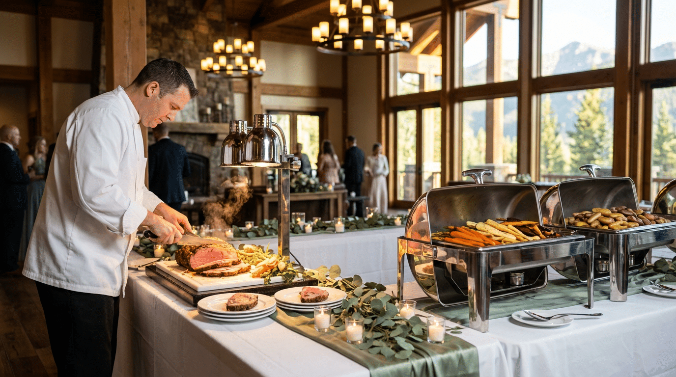A chef from a full-service Utah wedding catering team slices roast beef at a buffet table with chafing dishes of vegetables in a well-lit dining area with large windows and mountain views.