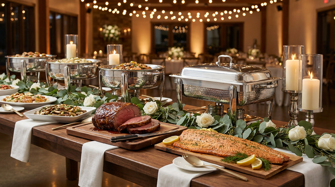 Elegant buffet table in Lehi featuring roast beef, salmon, salads, and chafing dishes, beautifully decorated with white roses, greenery, and lit candles—perfect for full service catering or food catering events.