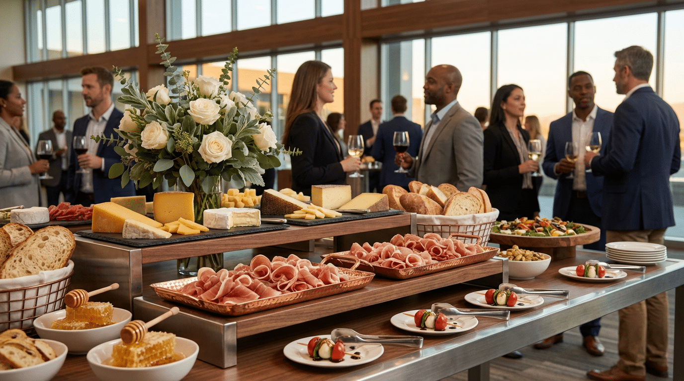 People in business attire converse and enjoy drinks near a buffet table with assorted cheeses, meats, bread, and salads at a modern event space in Draper, UT, highlighting top-notch catering services.