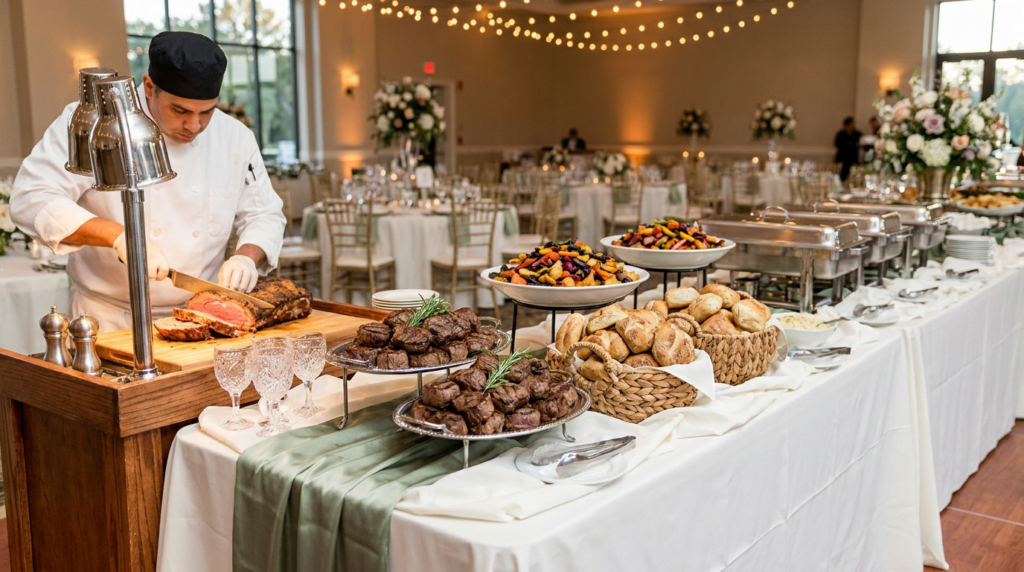 A chef slices roast beef at a buffet table set with steaks, roasted vegetables, bread rolls, and chafing dishes—perfect for high-guest count events or large wedding catering with seamless service in an elegant banquet hall.