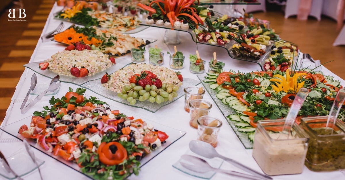 Healthy and delicious wedding catering dishes on elegant table setup