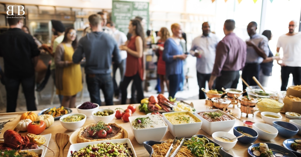Different catering styles including buffet, plated meals, and chef action stations displayed at an event.
