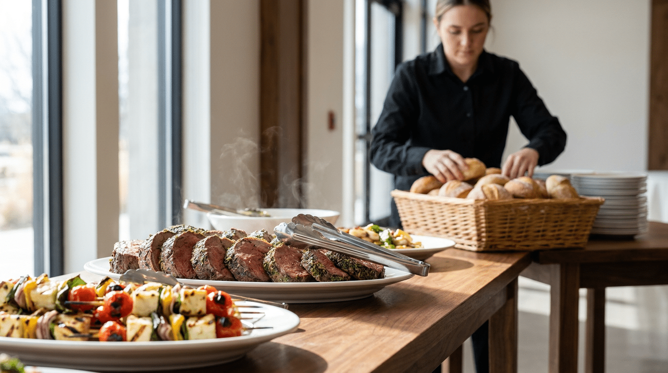 A person arranges bread rolls in a basket on a table set with plates of sliced meat, grilled vegetable skewers, and salad, showcasing the attention to detail provided by professional Catering Services in South Jordan, Utah.