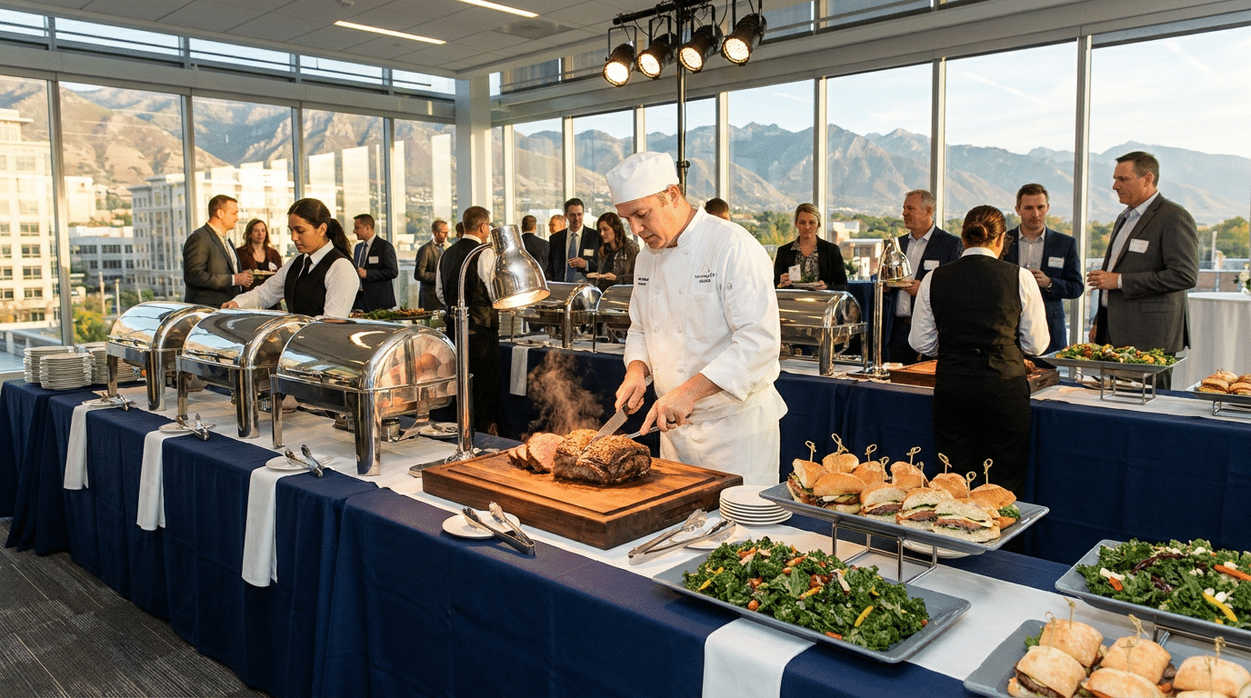 An expert catering Utah chef slices roast beef at a buffet table during a formal event, as guests stand and converse in a modern, bright room with large windows showcasing mountain views.