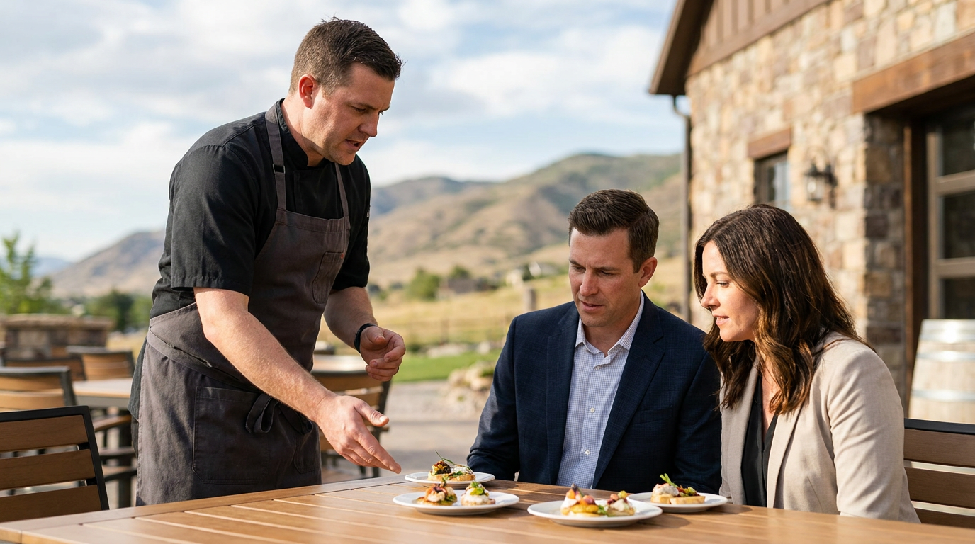 A chef serves plated dishes to a man and woman seated at an outdoor table near a rustic building with mountains in the background, showcasing an elegant Wedding Catering Draper Utah experience.