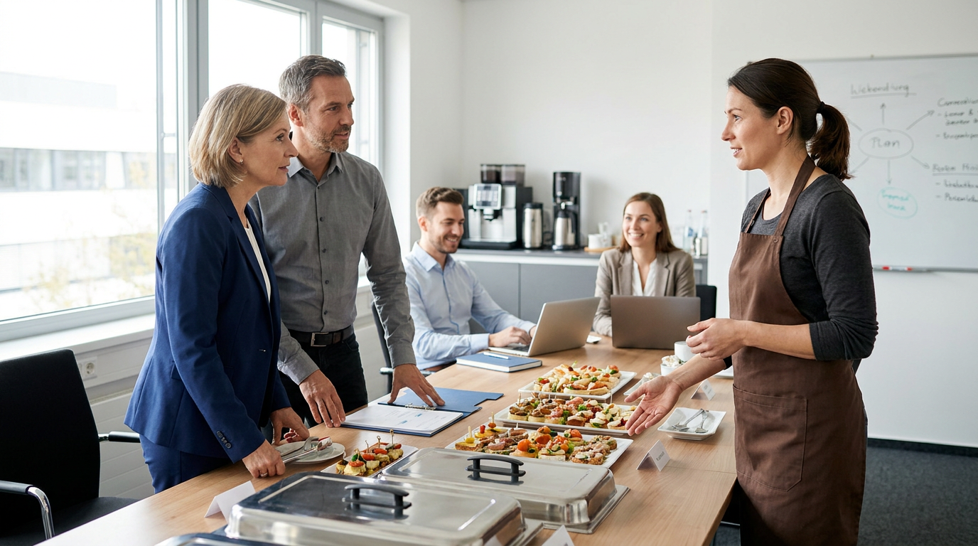 A woman in an apron from a corporate catering company presents a catered lunch buffet to four business professionals in an office meeting room with laptops and a whiteboard.
