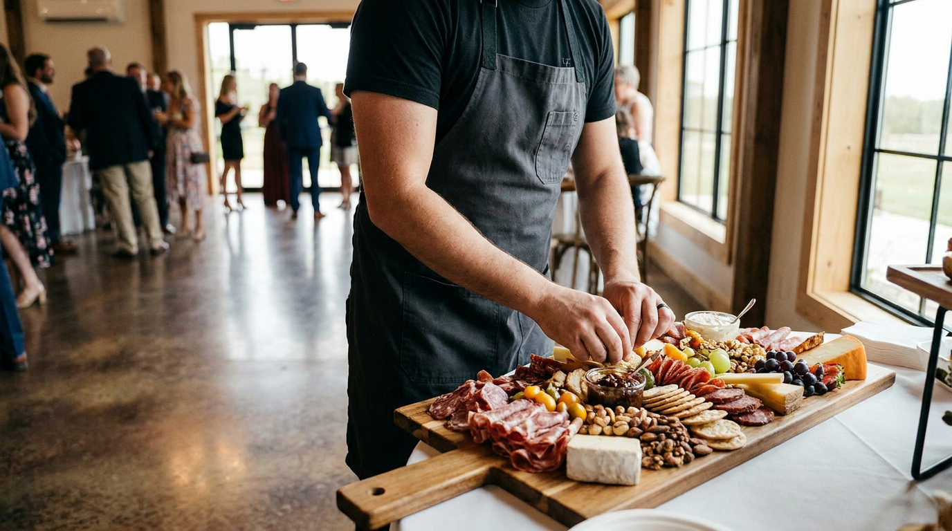 A person wearing a dark apron arranges meat, cheese, and crackers on a wooden board at an indoor event with people in the background, thoughtfully preparing what could easily be featured in any charcuterie board FAQ or used as inspiration for those with charcuterie questions.