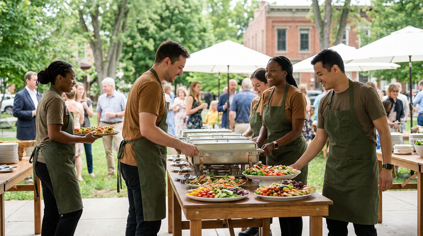 Catering staff in brown shirts and green aprons from Pleasant Grove Catering Services set up a buffet table with various salads at an outdoor event in Utah while guests gather in the background.