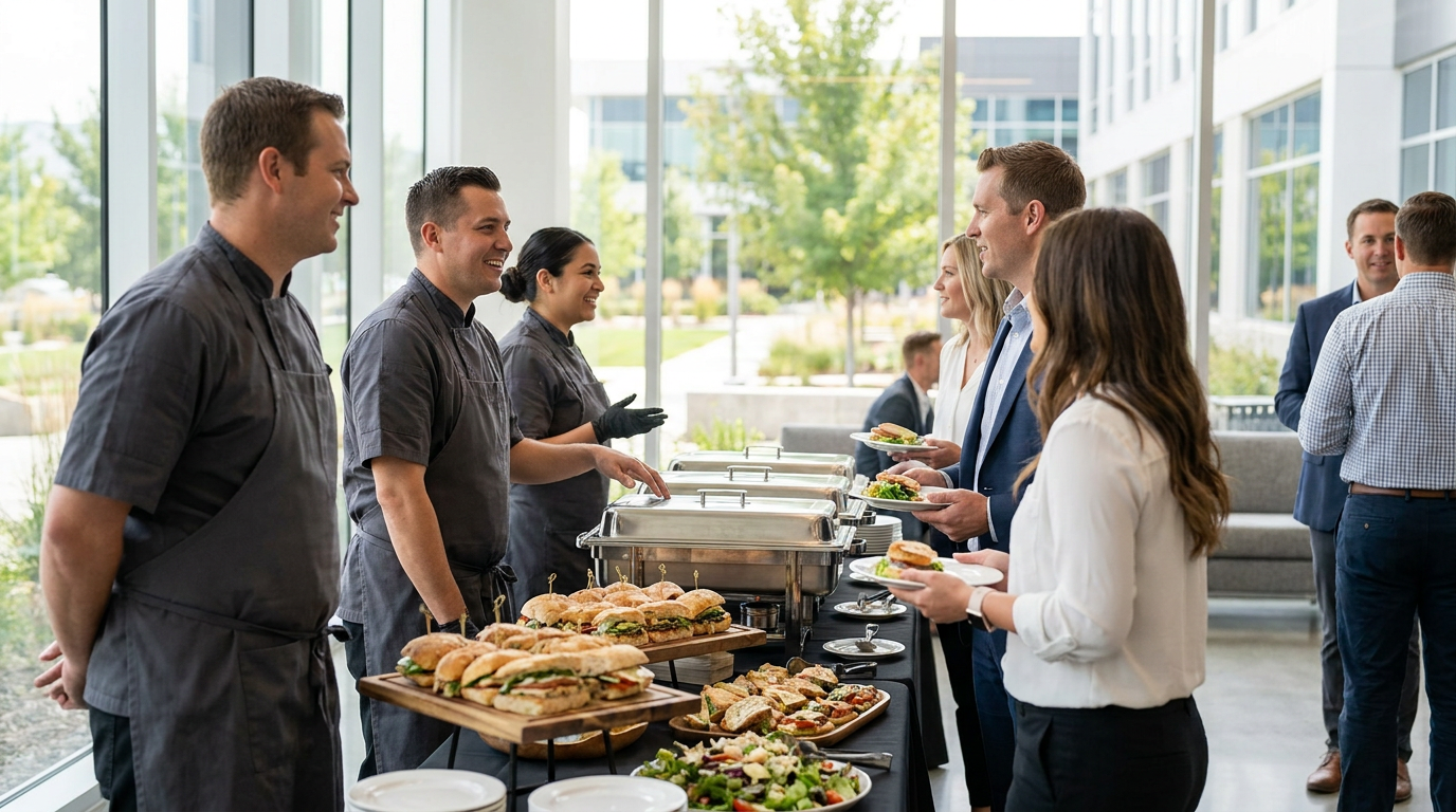 People are being served food by staff at a buffet table in a bright indoor space with large windows and outdoor views.