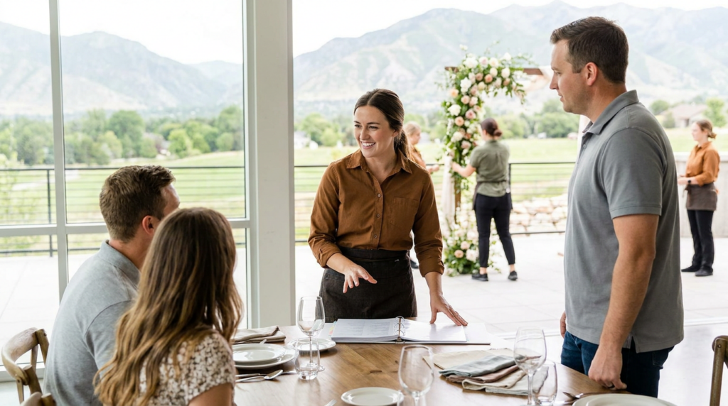 A woman stands at a table with three people, discussing wedding catering plans with an open binder; large windows reveal Draper, Utah’s scenic mountain view and people outside.