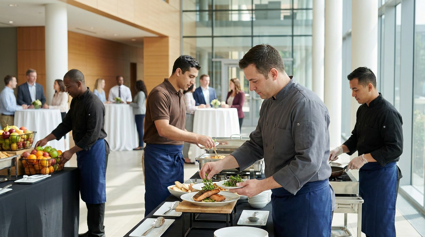 Chefs and servers from the best catering company prepare and arrange plated food at a buffet setup in a bright, modern event space while guests converse in the background.