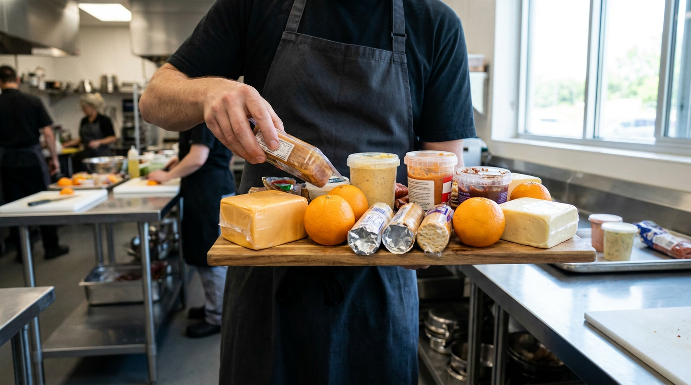 A person in a kitchen holds a wooden board with blocks of cheese, oranges, foil-wrapped items, and various containers of spreads or sauces—creating a delicious charcuterie board that's sure to inspire common questions about the ingredients and perfect pairings.