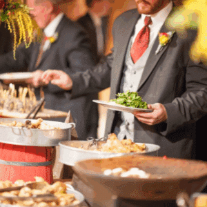 Corporate buffet dinner setup with employees networking