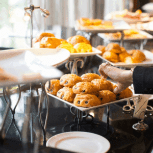 Side-by-side plated and buffet catering setups