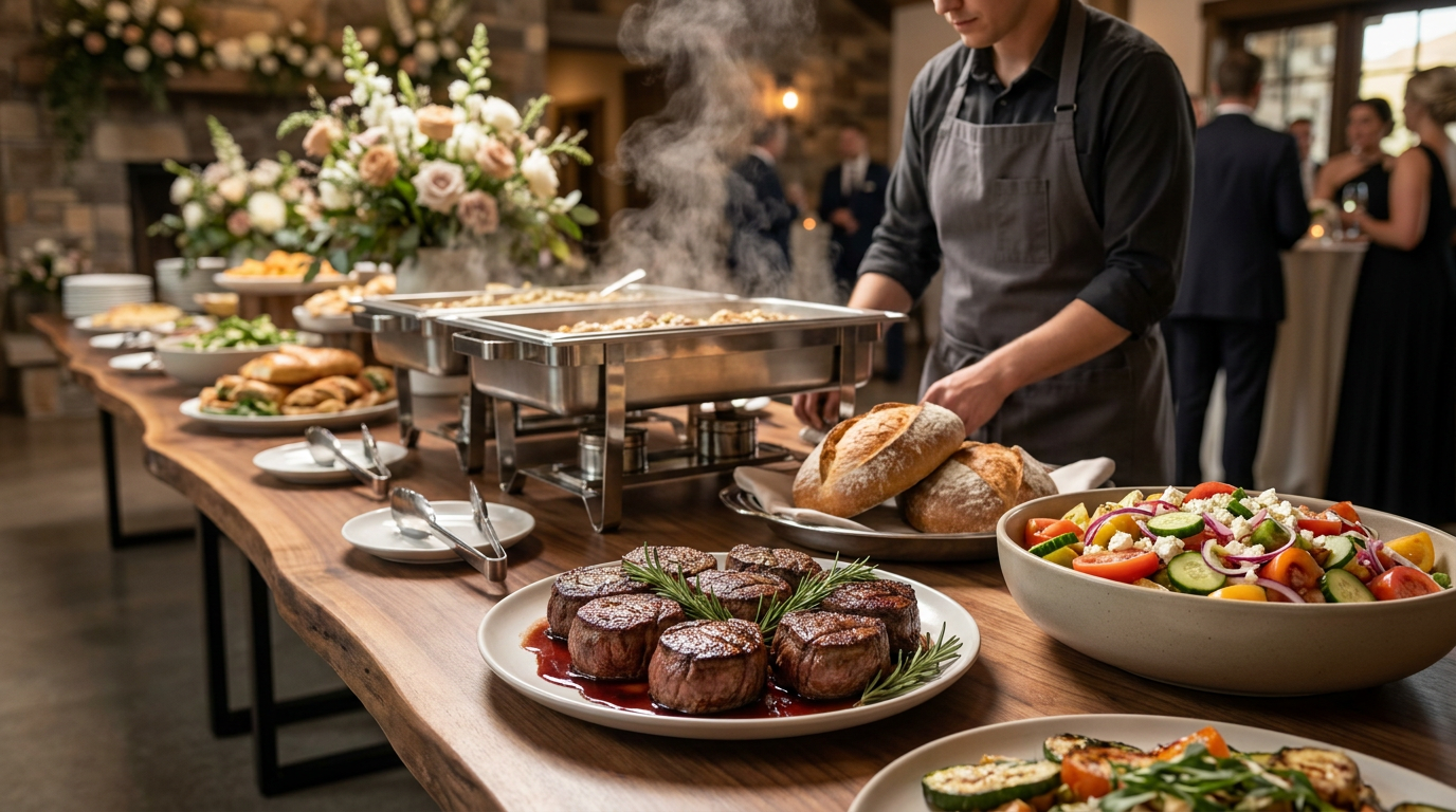A person sets up a buffet table with plates of steak, salad, bread, and hot dishes in a decorated event space, showcasing professional catering services in Vineyard Utah.