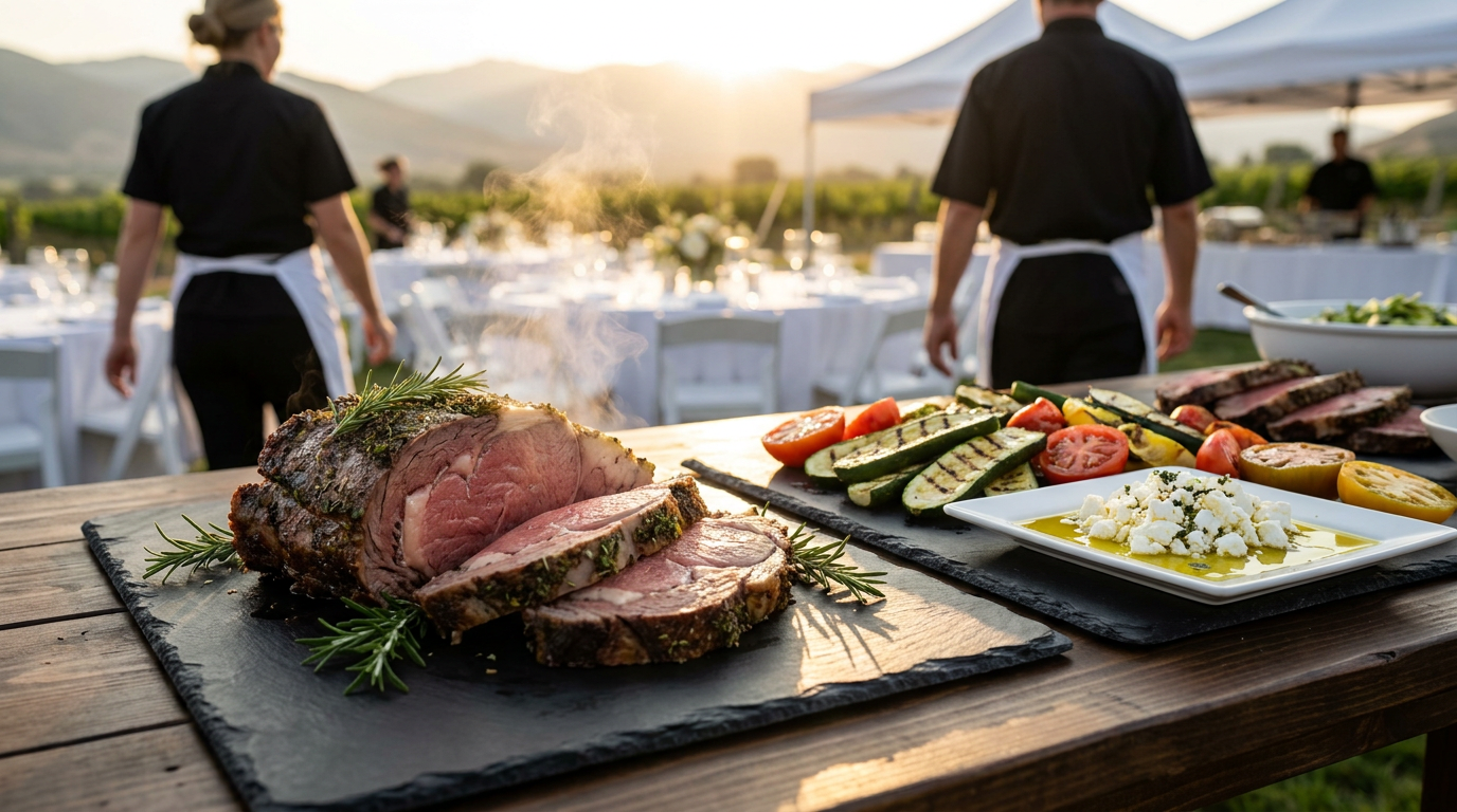 Sliced roast beef and grilled vegetables on slate platters sit on a wooden table outdoors, with people in black uniforms and a dining setup visible in the background—an inviting scene that showcases premium catering services in Cottonwood Heights, Utah.