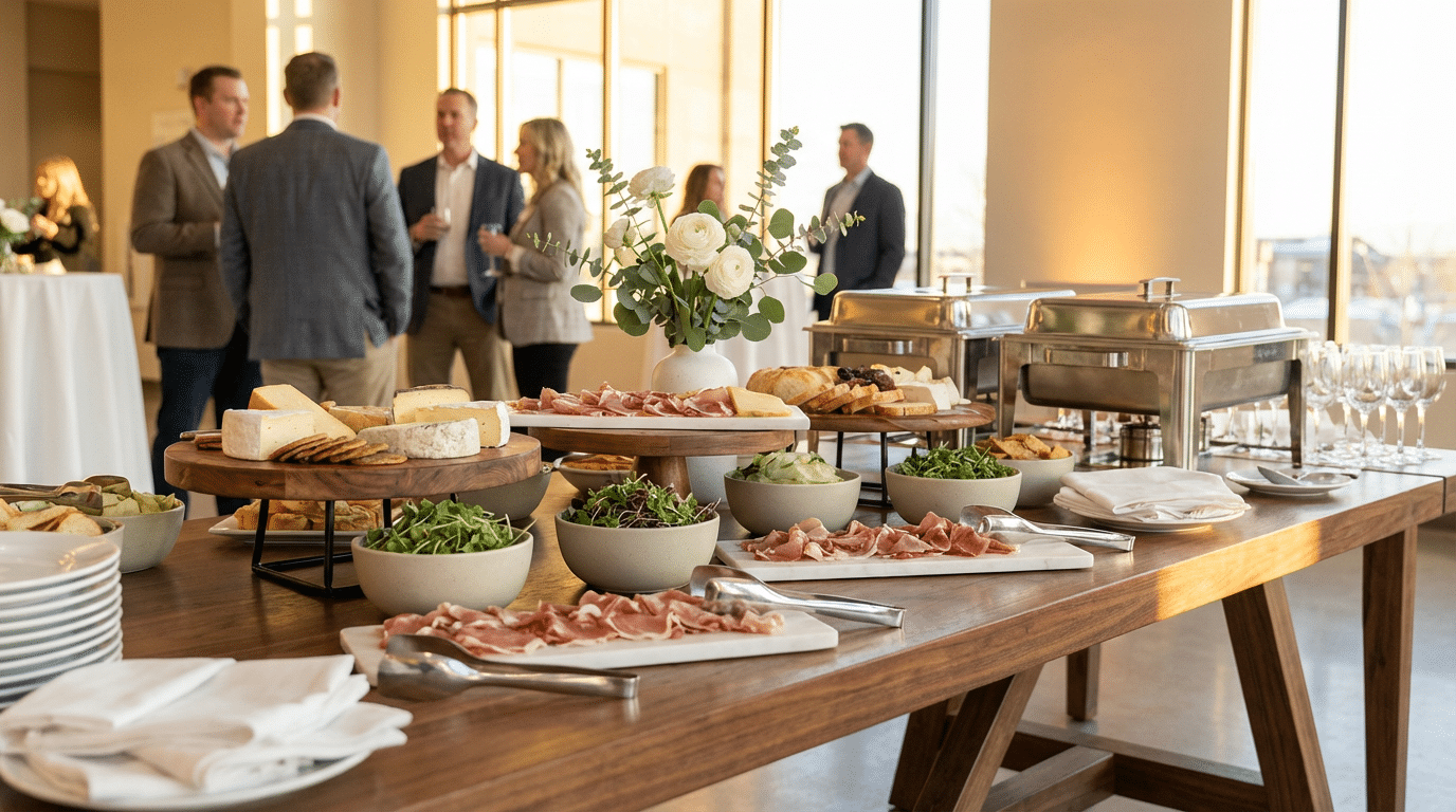 A buffet table by Brown Brothers Catering features assorted cheeses, charcuterie, bread, and greenery in a bright room where people in business attire chat in the background—exemplifying elegant Utah catering.