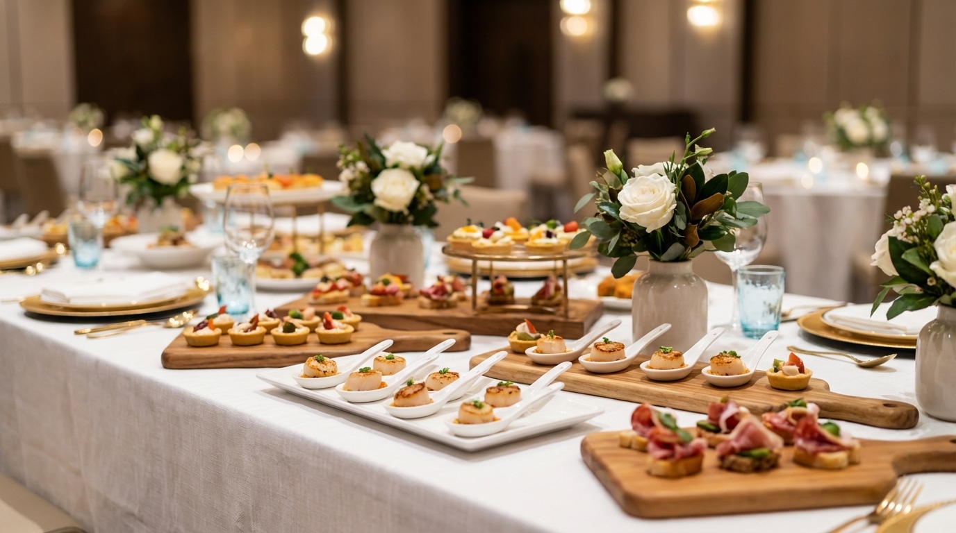A banquet table by Exceptional Events is set with assorted appetizers on wooden trays, white plates, cutlery, glassware, and floral centerpieces—perfect for elegant catering in Orem, Utah’s decorated dining halls.
