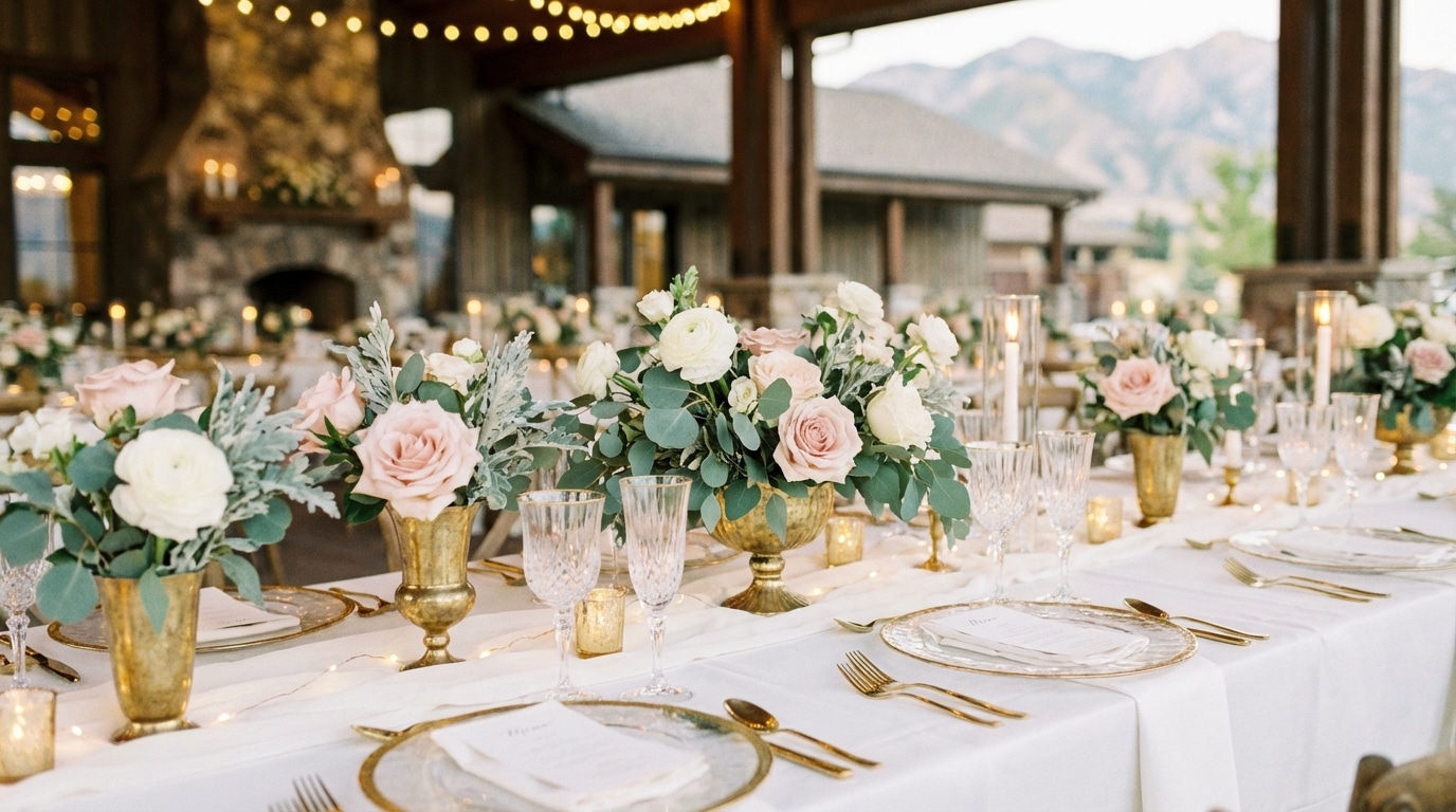 Elegant outdoor dining table set with white linens, gold utensils, crystal glasses, and floral centerpieces of white and blush roses—perfect for a Utah wedding catering event—with mountains visible in the background.