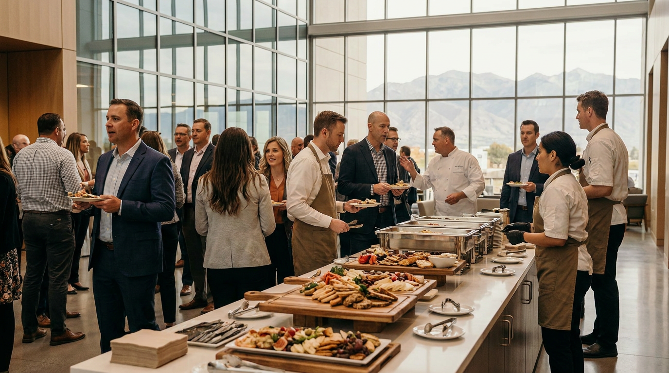 People in business attire gather around a Corporate Catering buffet table with food trays and platters in a spacious, modern Lehi room with large windows and mountain views.