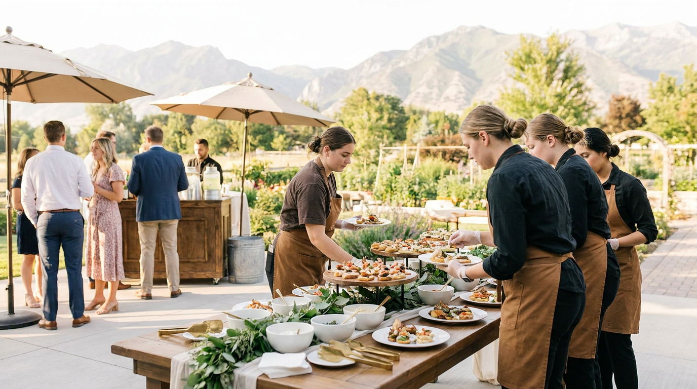 Catering staff set up a table of food at an outdoor event in Draper, Utah, with guests socializing in the background, surrounded by mountains and greenery—an ideal setting for exceptional Wedding Catering Draper.