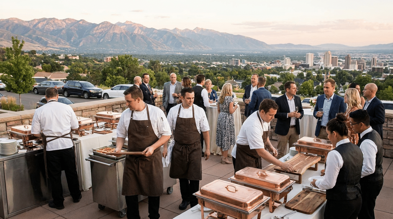 Chefs from Catering Services serve food from buffet tables at an outdoor event in Salt Lake City as guests mingle on a patio with a stunning cityscape and Utah mountains in the background.