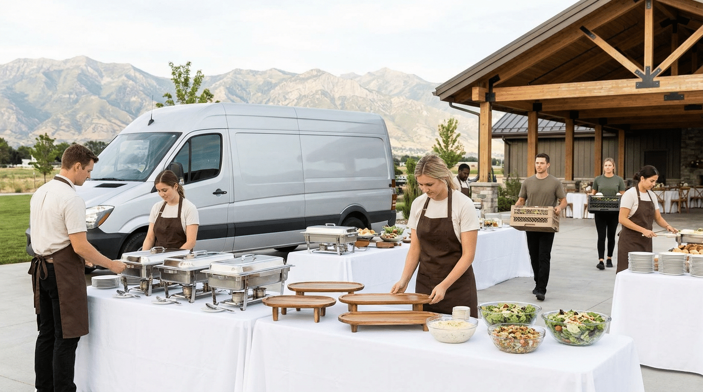 Catering staff from professional Catering Services set up buffet tables with food and utensils outdoors near a building in South Jordan, Utah, with a white van and scenic mountains in the background.