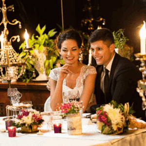 Guests enjoying hors d’oeuvres at a wedding reception.