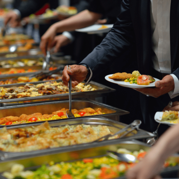 Plated dinner catering service at an elegant corporate event.