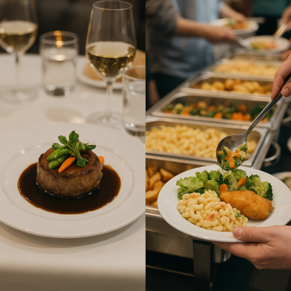 Side-by-side comparison of a plated wedding dinner and a buffet service